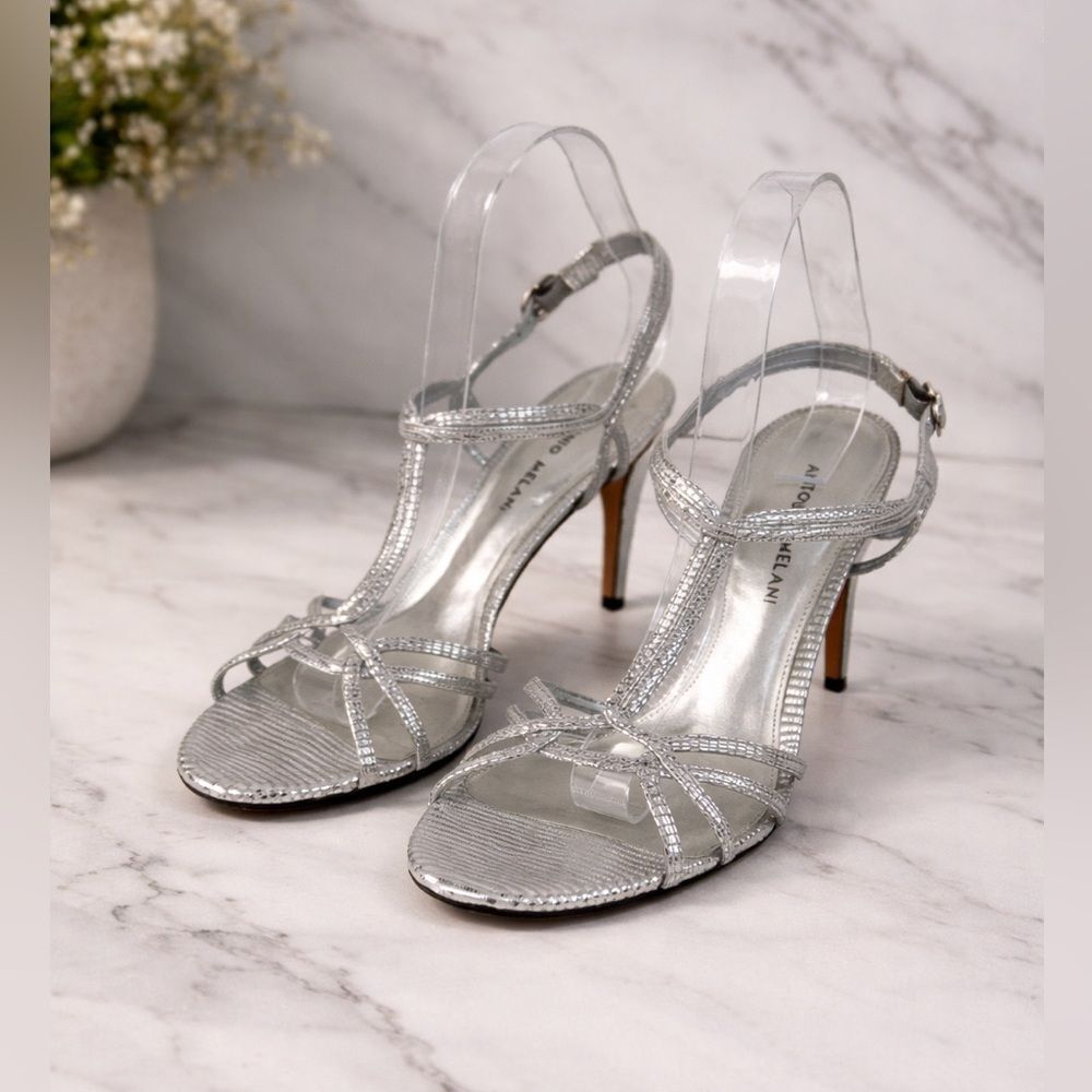 Antonio Melani Silver Strappy Stiletto Heels Ankle Strap Evening Shoes 10 M